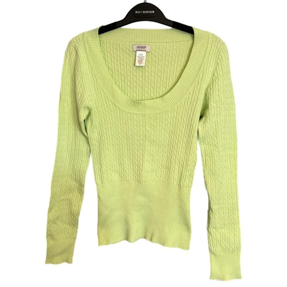 VTG Guess Y2K Knit Sweater Sz M Green Preppy Brat 90s Bodycon Wide Neck Pullover - Picture 2 of 10